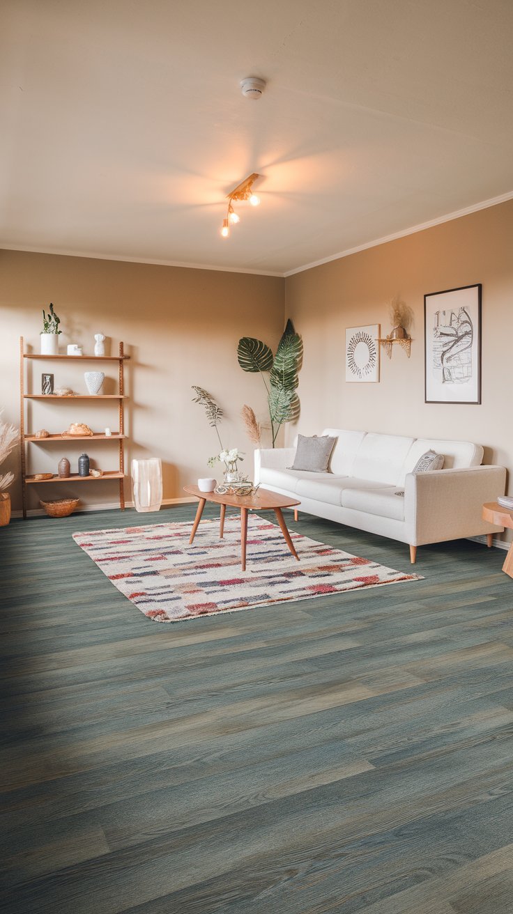 A photo of a Scandinavian-style living room with grey vinyl plank flooring. The room has a white sofa, a few wooden shelves, and a few decorative items. There is a large, colourful rug in the middle of the room. The walls are painted beige. There is a wooden coffee table in the middle of the room. The lighting is warm.