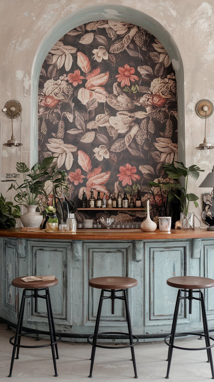 A photo of a shabby chic dry bar area with a Bold Wallpaper as a focal point. The wallpaper has a floral print. The bar area has a wooden counter, a few stools, and some decorative items. There are also some plants and a lamp near the bar. The walls and the counter have a distressed finish.