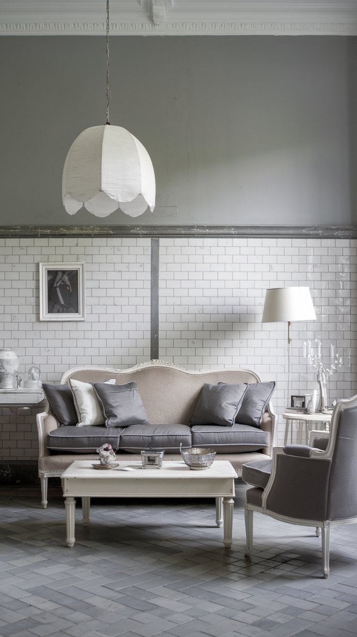 A photo of a shabby chic living room with grey and white tiles. The room has a classic monochrome look. There is a beige sofa with grey and white cushions, a white coffee table, and a grey chair. There is also a white lampshade. The walls have grey and white tiles. The floor is made of grey and white tiles.
