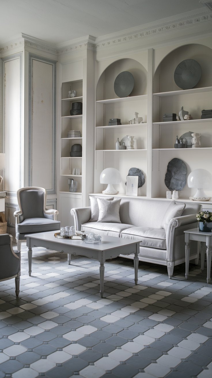 A photo of a shabby chic living room with grey and white tiles. The room has a classic monochrome look. There is a white sofa with grey cushions, a grey armchair, a white coffee table, and a grey side table. There is also a white bookshelf with grey decor pieces. The floor has grey and white tiles. The walls have white paint and grey decorations.