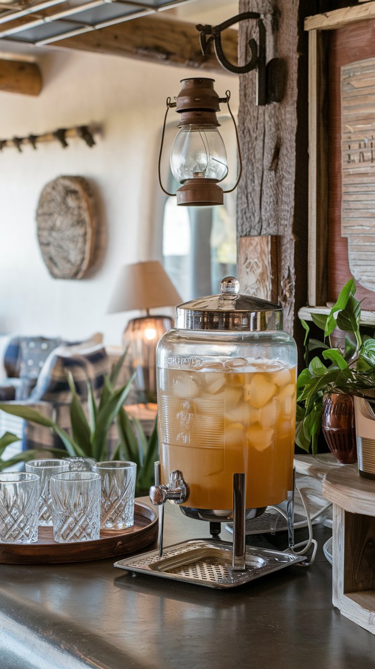 A photo of a southwestern dry bar area with a beverage dispenser. There is a glass or ceramic beverage dispenser filled with a batch cocktail, iced tea, or lemonade. There are glasses on a tray beside the dispenser. The bar area has a rustic charm with wooden elements, a lantern, and a plant. The background reveals a cozy living space with a sofa, a lamp, and a wall decoration.