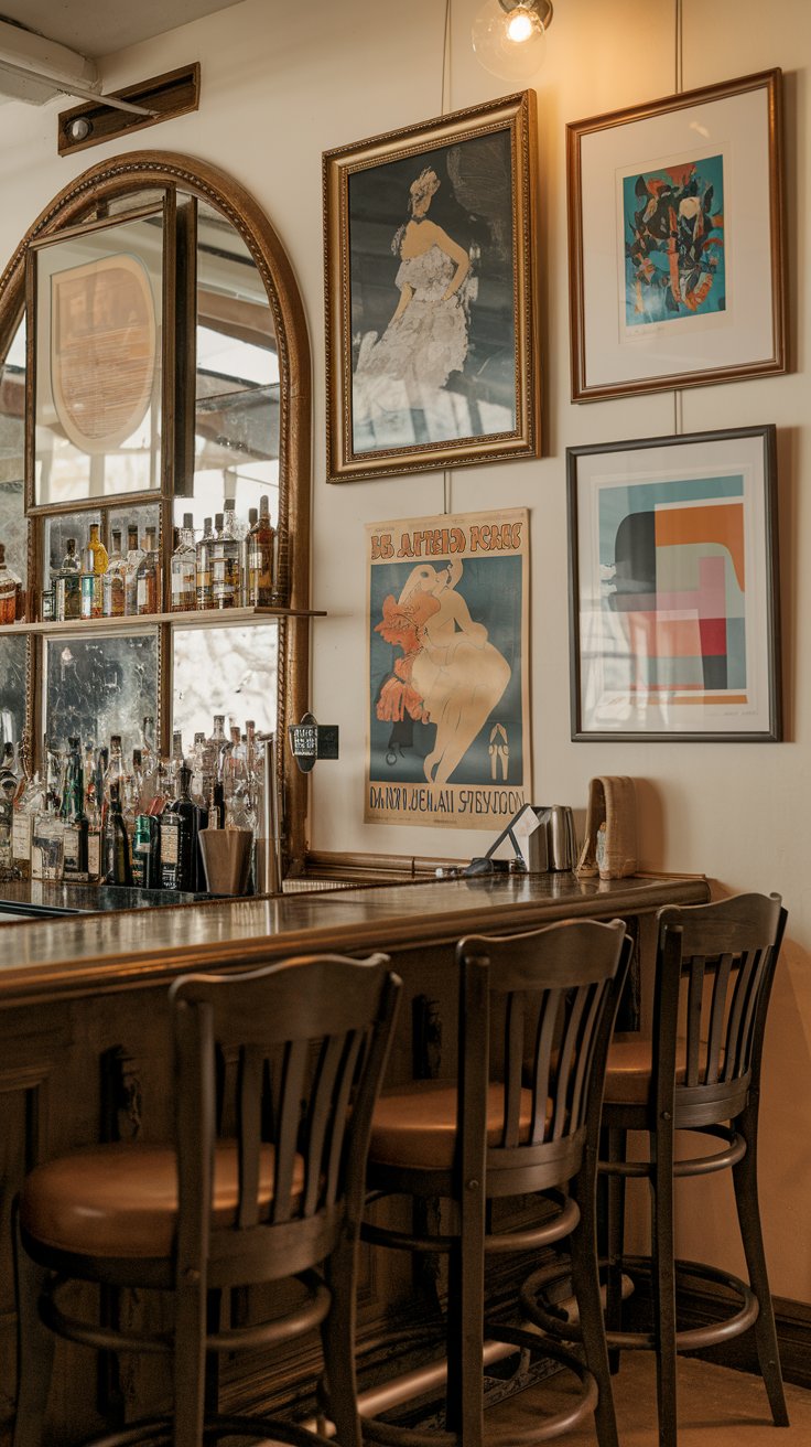 A photo of a traditional dry bar area with hanging framed art, a vintage poster, and a modern abstract piece. The bar has a few stools and a mirror above it. The wall behind the bar has multiple frames with artwork. There's a vintage poster with a woman in a white dress. The wall also has a modern abstract piece with multiple colors. The lighting is warm.