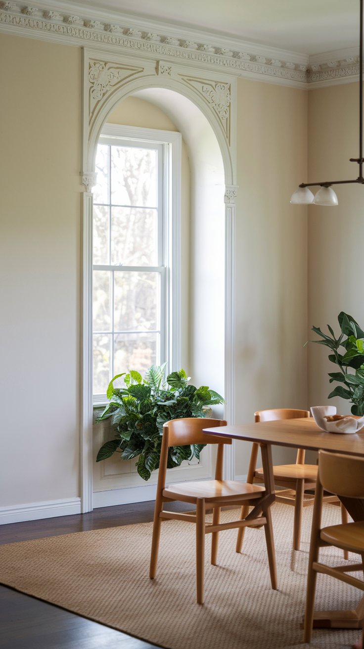 A photo of a traditional-style dining area with a window. The window has an intricate crown molding at the top for a touch of elegance. The walls are painted in a neutral or pastel color. The room contains a wooden dining table and chairs, and a potted plant near the window. The floor is covered with a beige rug. There is a light fixture hanging above the table.