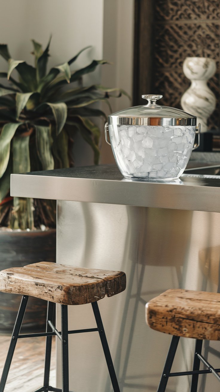 A photo of a transitional dry bar area with an ice bucket. The ice bucket is placed on a sleek stainless steel counter. There is a rustic wooden barstool nearby. The background contains a potted plant and a decorative item. The lighting is soft.