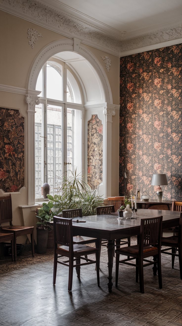 A photo of a vintage dining room with an arched window, intricate moldings, and floral wallpaper. There's a large wooden dining table in the middle of the room with chairs around it. The wall next to the window has a decorative molding and a floral pattern. There's a lamp on the table and a plant near the window. The floor has a patterned design.