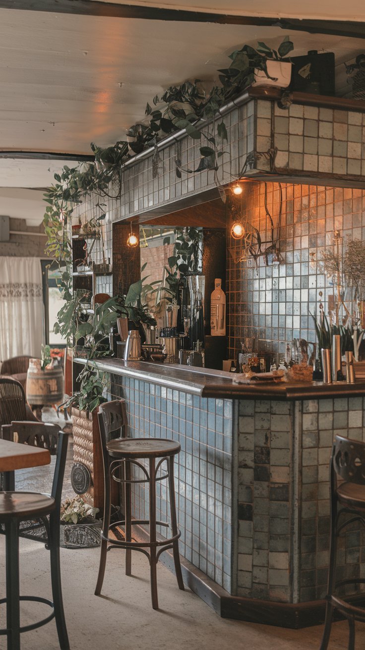A photo of a vintage English countryside dry bar area with a textured look. The bar area has tin tiles on the backsplash, bar front, and ceiling. The bar area is covered with plants and has a wooden counter. There are also some decorative items on the counter. The background contains a few chairs and a small table. The overall ambiance is rustic and cozy.