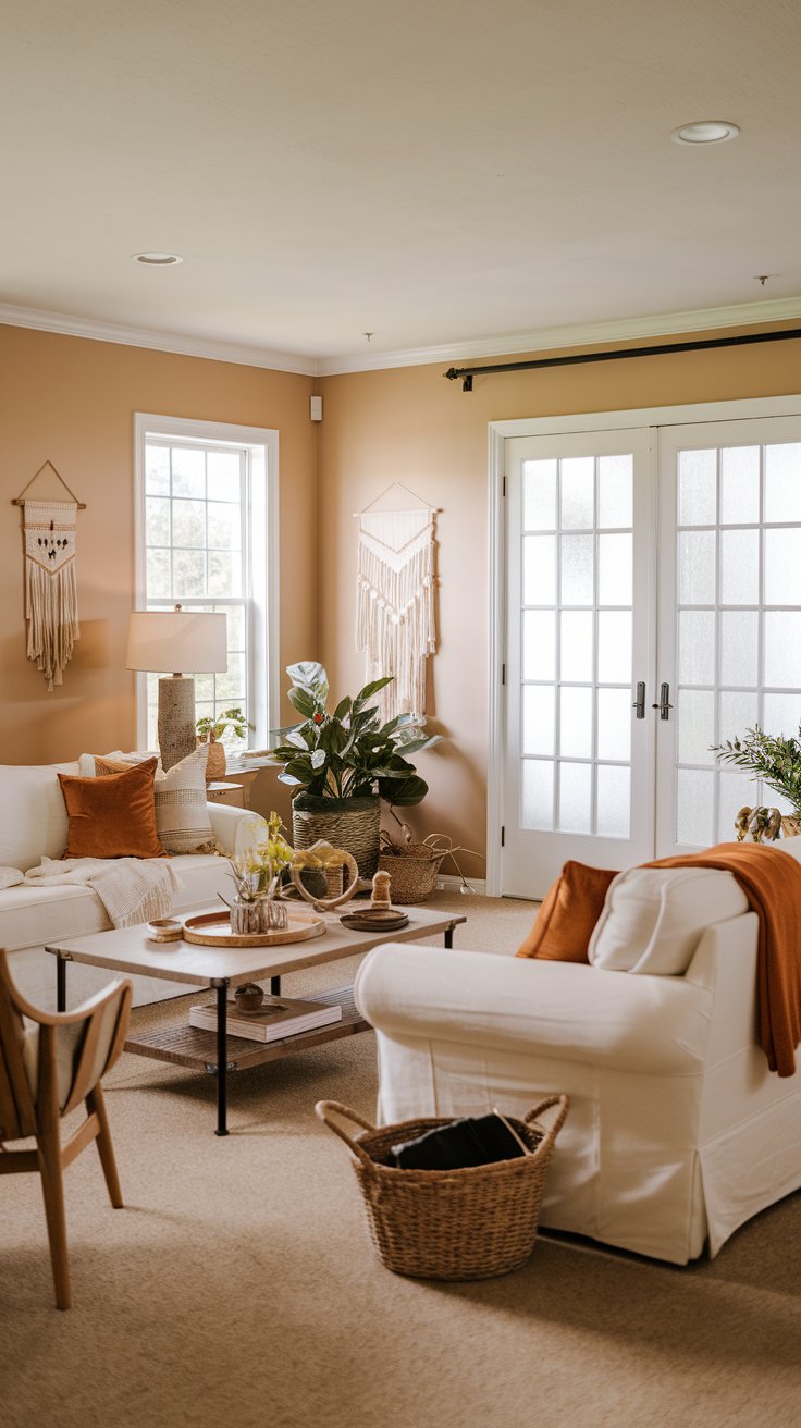A photo of a Warm White, Burnt Orange farmhouse living room. There's a cozy couch, a chair, and a coffee table. There's a plant near the french doors with frosted glass. The room has a few decorative items, including a lamp, a wall hanging, and a basket. The walls are painted in a soft beige hue. The floors are covered with a beige carpet.