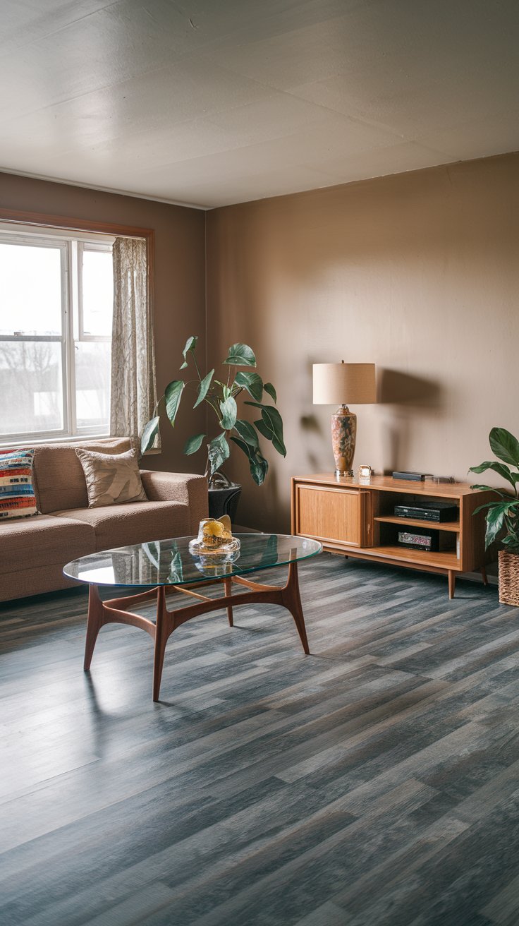 A photo of an 80s-style American living room with grey laminate flooring. The room has a beige couch with a few throw pillows, a glass coffee table, and a wooden TV stand. There's a potted plant near the couch. The walls are painted beige. A lamp with a beige shade is placed on the wooden TV stand.