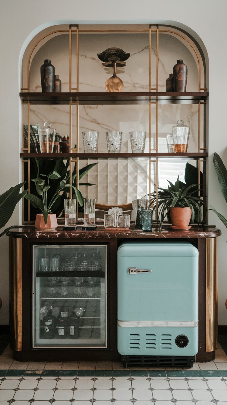 A photo of an art deco dry bar area with a retro-style Mini Fridge. The bar has a marble top and is adorned with various glassware. There are also a few potted plants. The wall behind the bar has a few shelves with decorative items. The floor has a patterned tile design.