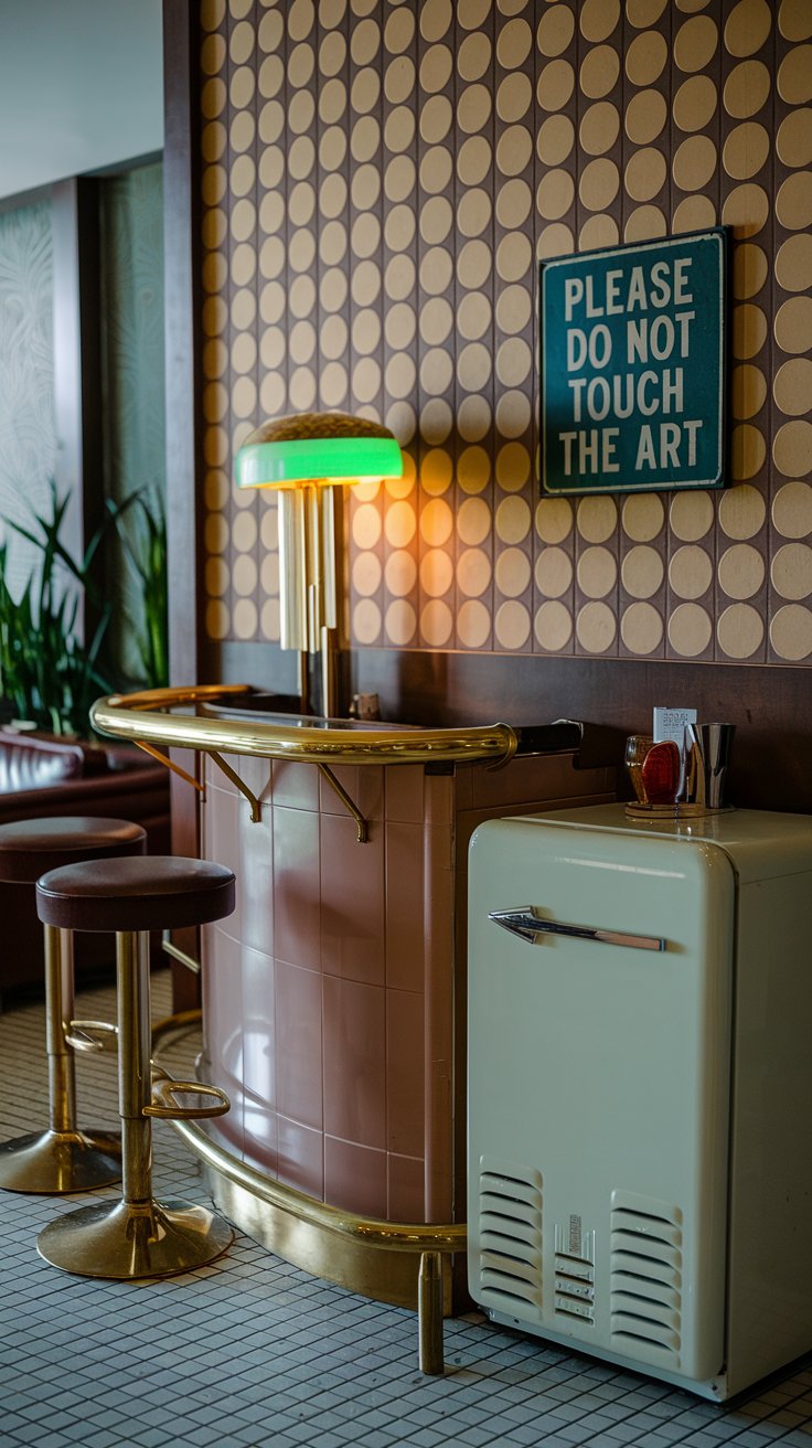 A photo of an art deco dry bar area with a retro-style Mini Fridge. The bar has a shiny brass rail and a few stools. There's a lamp with a green shade. The wall has a pattern of circles. There's a vintage sign that says "Please do not touch the art". The floor has a pattern of squares. The background is a room with a couch and a plant.