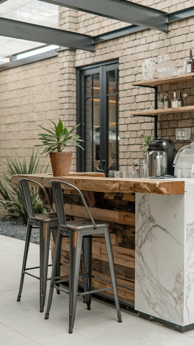 A photo of an industrial dry bar area in a patio. The bar area has a wooden countertop with marble accents. There is a metal stool beside the counter. A potted plant is placed on the counter. The background contains a wall with bricks and a door.