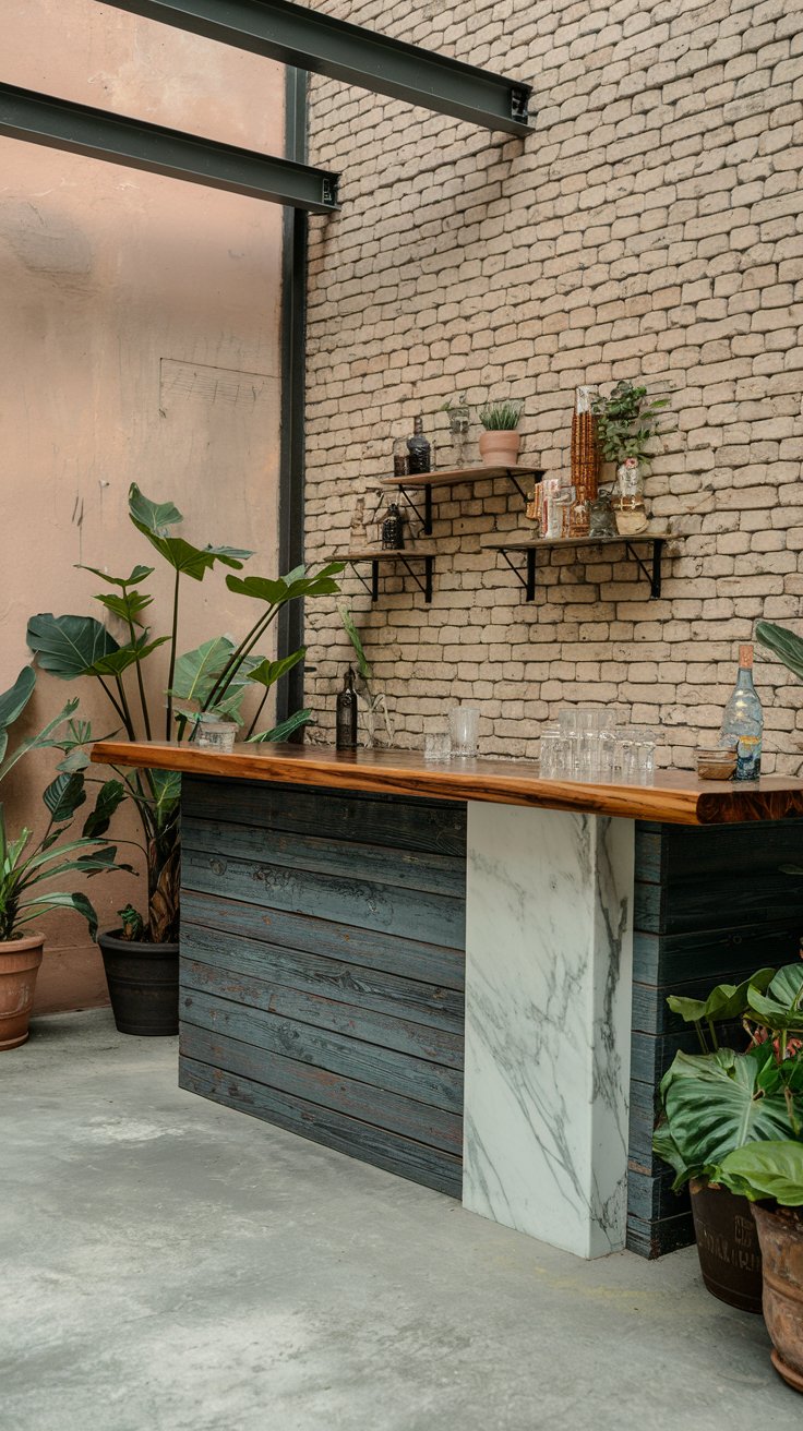 A photo of an industrial dry bar area in a patio. The bar has a wooden countertop with marble accents. There are potted plants on the ground near the bar. The wall behind the bar has a brick texture. The floor is made of concrete. The overall setting is outdoors.