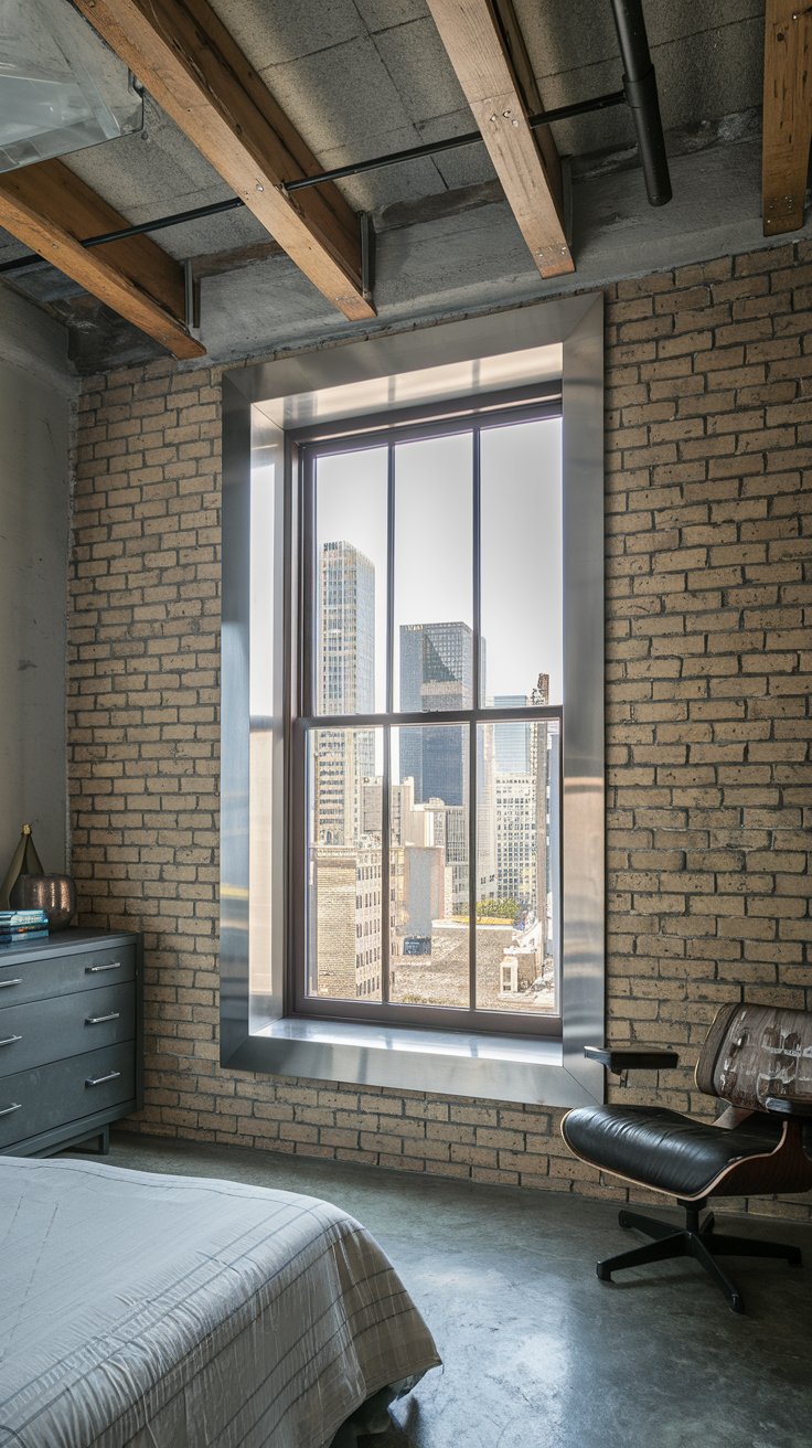 A photo of an industrial-style bedroom with a window trimmed with sleek metal. The room has exposed brick walls and a concrete ceiling with wood beams. The window overlooks a cityscape with tall buildings. The room contains a bed, a dresser, and a chair. The floor is made of concrete.