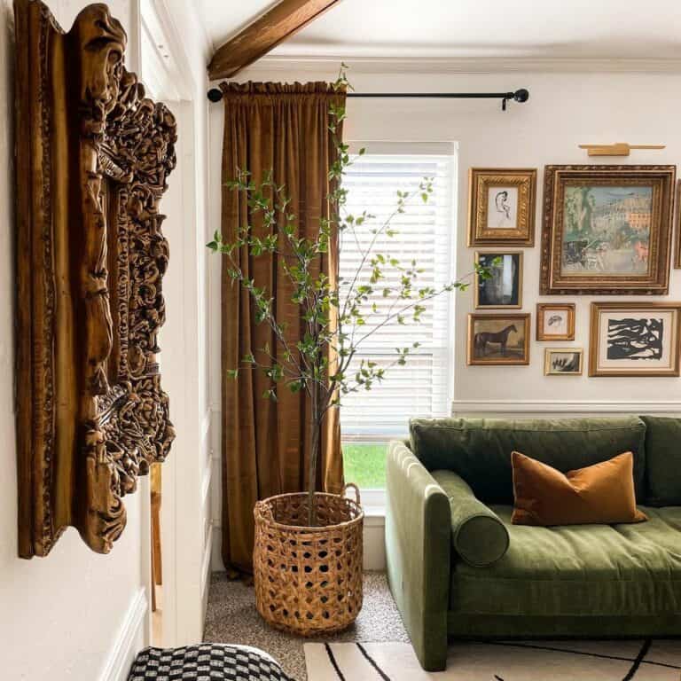 A Cozy Living Oasis with Earthy Hues and Natural Drapes