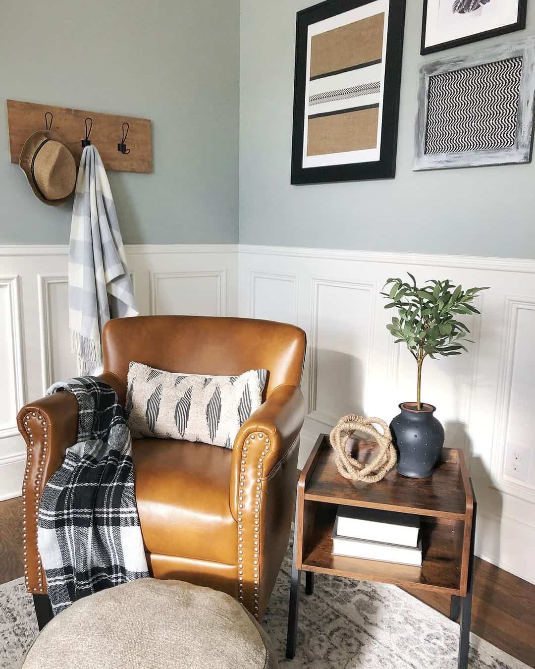 Brown Leather Corner Chair and Stained Wood Farmhouse End Table