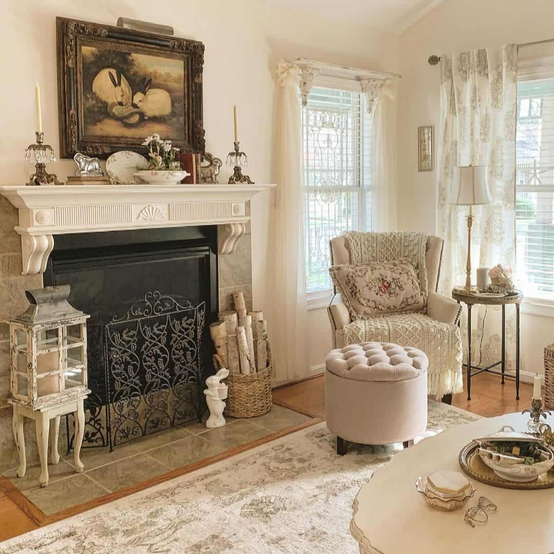 Classic French Cottage Living Room with Vintage Glamour