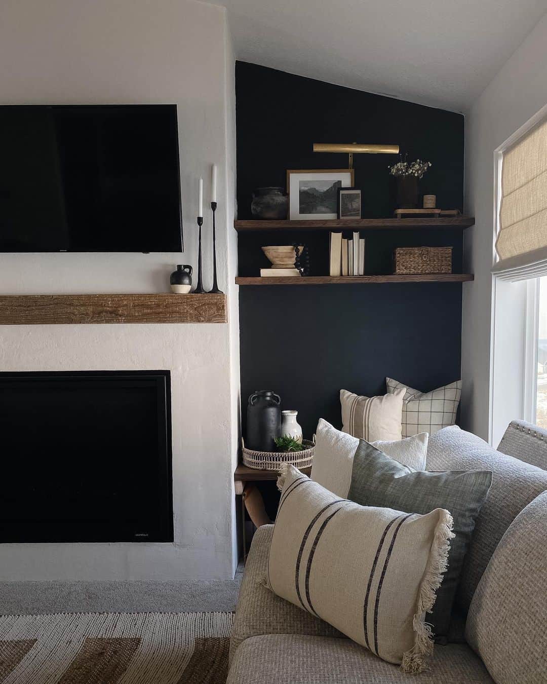 Contemporary Living Room with Stained Wood Floating Shelves