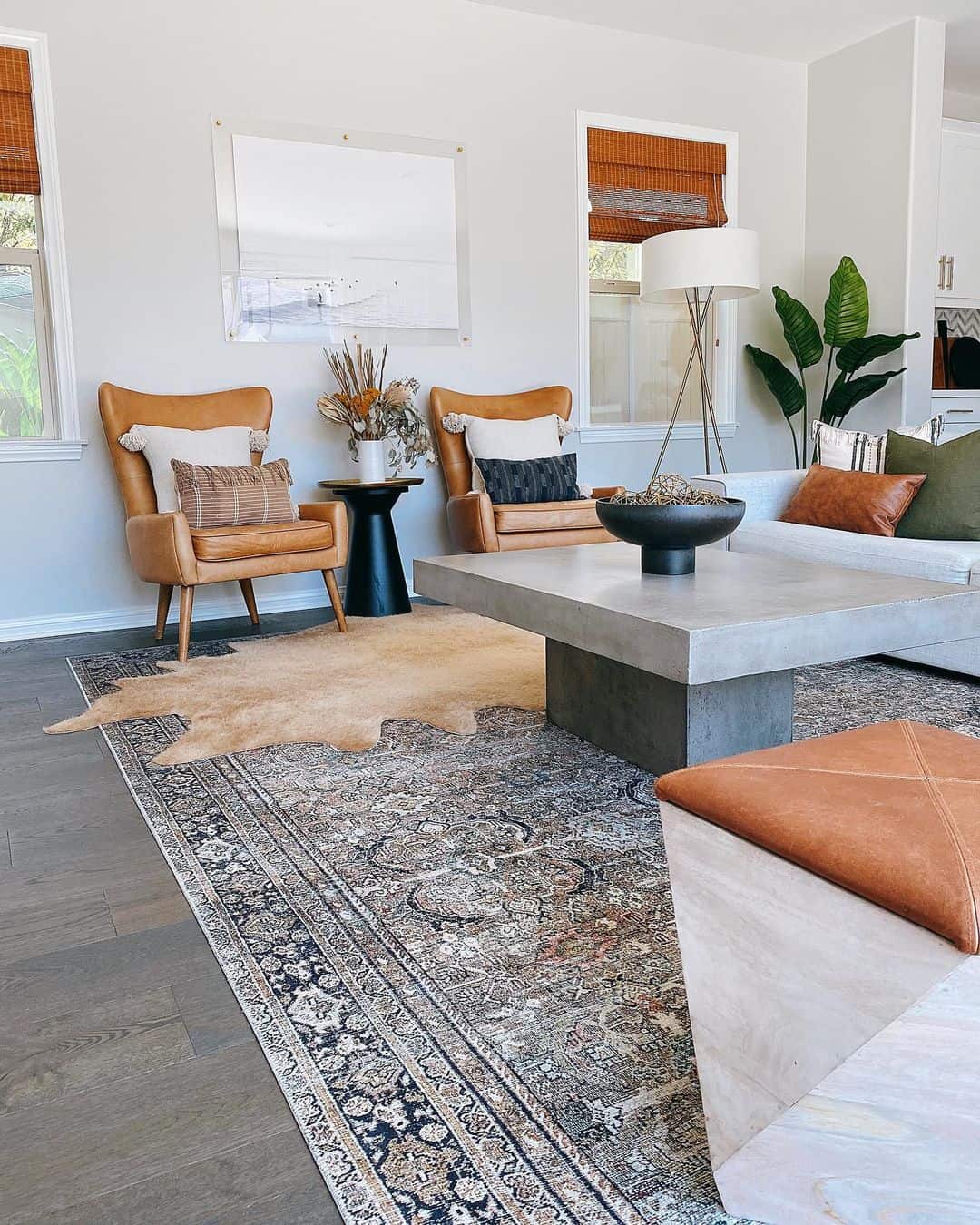 Cozy Earthy Living Room with a Stylish Cowhide Rug