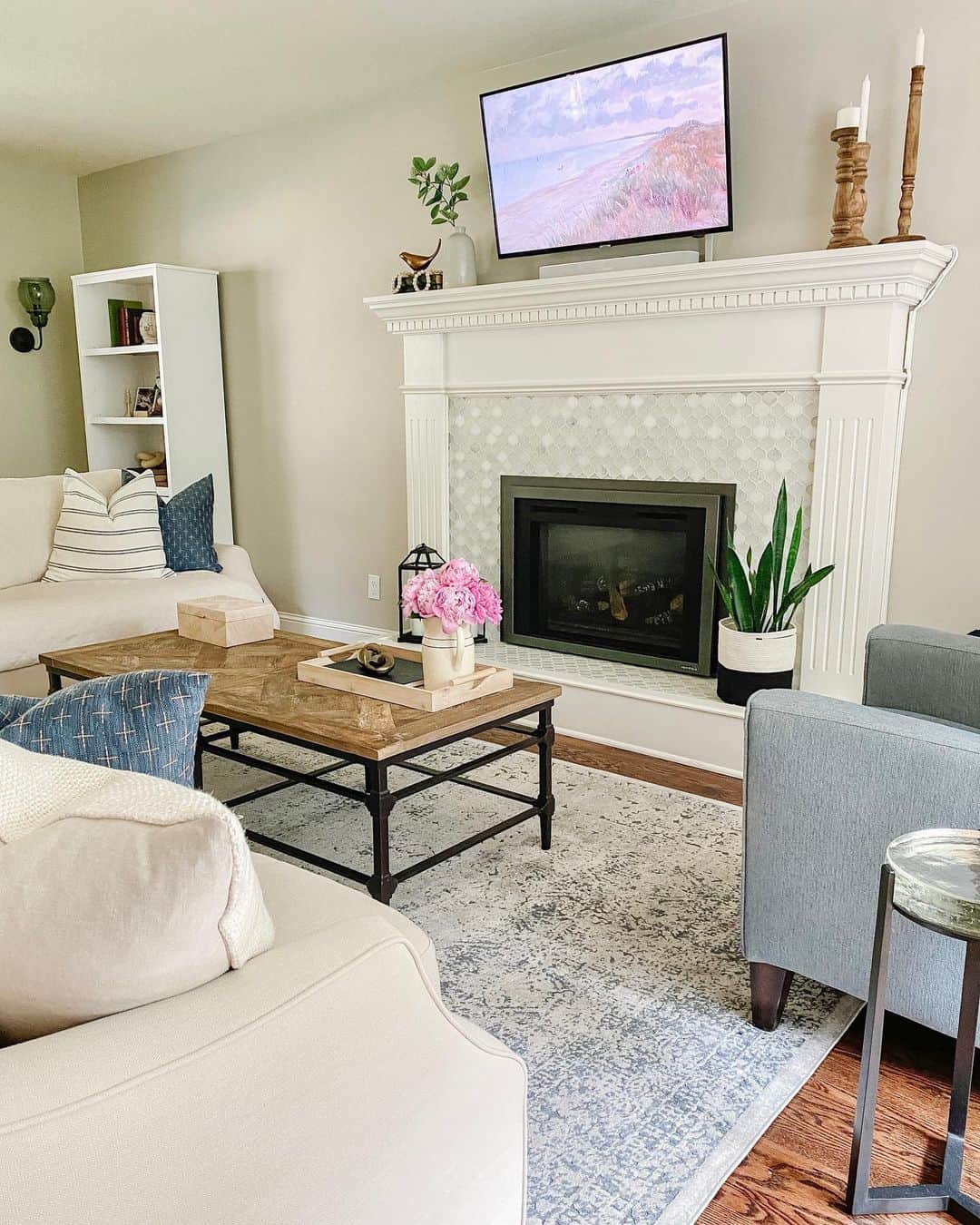 Creamy Comfort with White Fireplace Accents
