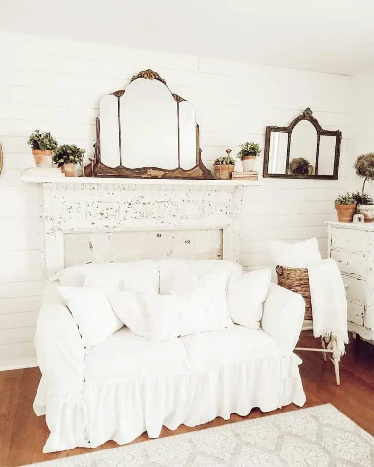 Creative Expression in a Bright White Farmhouse Living Room