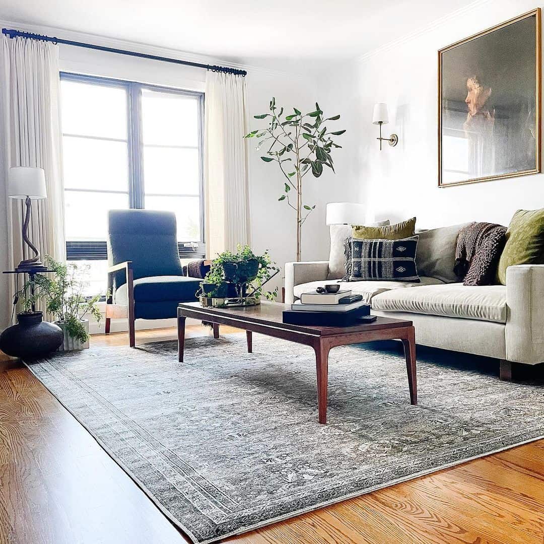 Earthy Living Room Enhanced by a Gray Vintage Area Rug