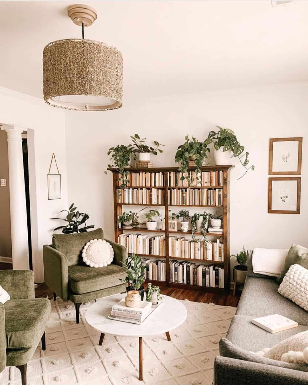 Earthy Vibes: Stained Wood Bookcase with Greenery