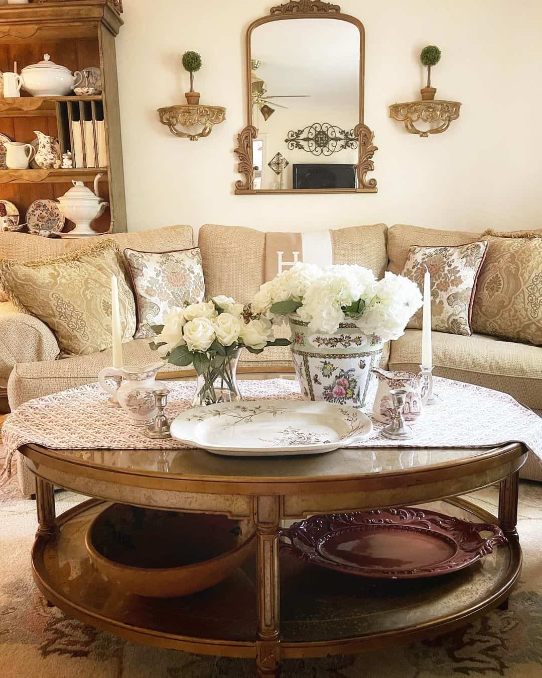 Elegant Decor: Ornate Gold Shelves, Topiaries, and White Hydrangeas