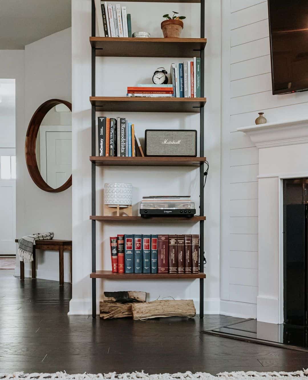 Elegant Stained Wood and Black Metal Bookshelf Display