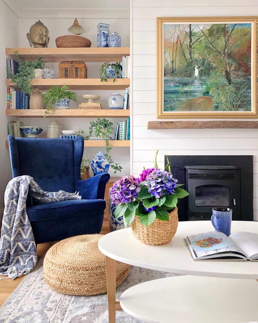 Elegant White Shiplap Walls Elevate Blue and White Living Room