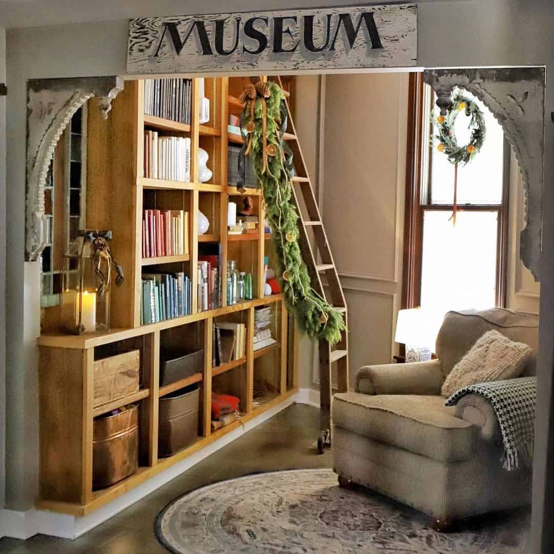 Enchanting Stained Wood Bookshelves with a Rolling Ladder