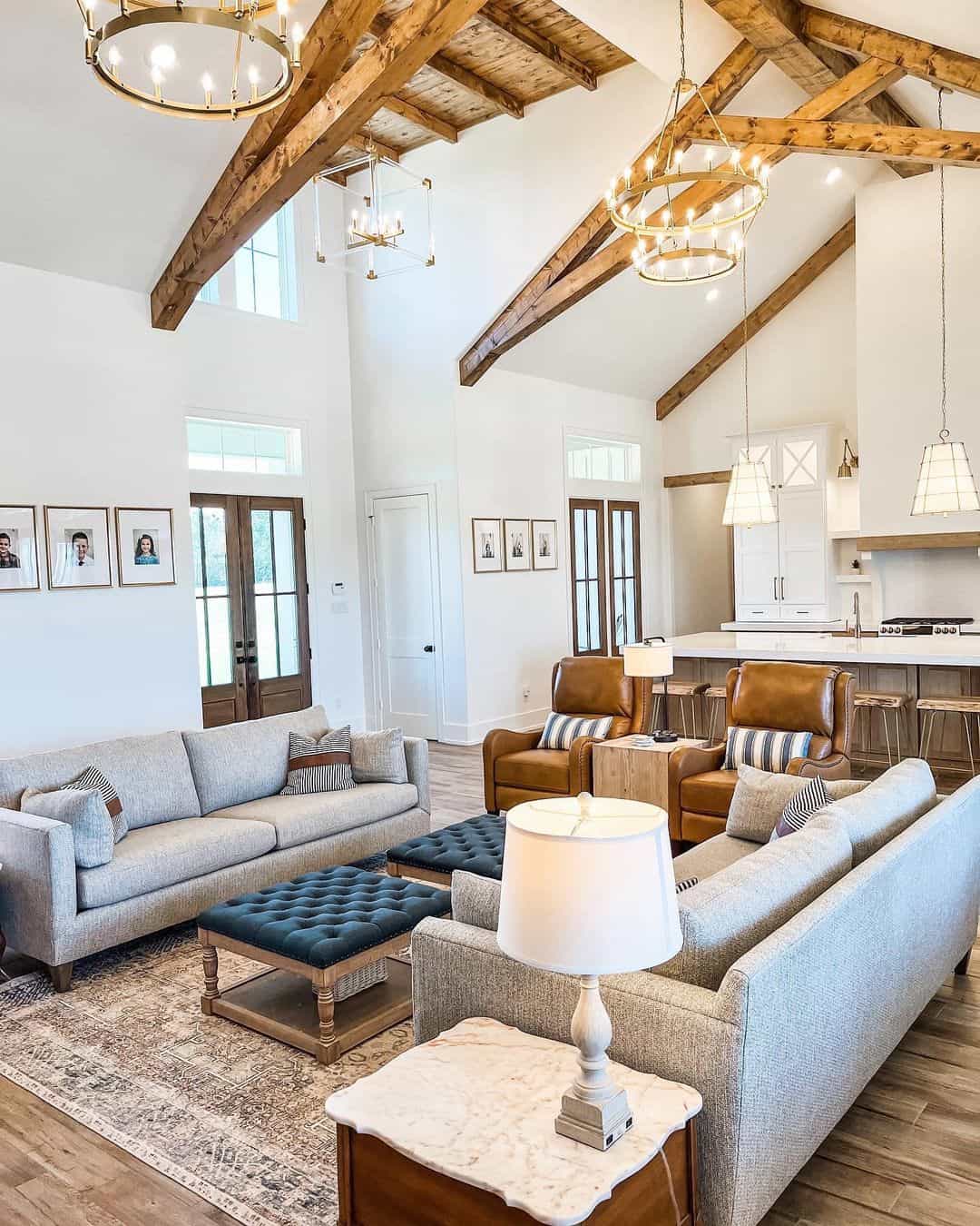 Farmhouse Elegance with Vaulted Ceilings and Exposed Wood Beams