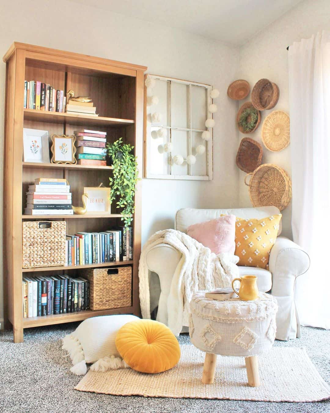 Farmhouse Living Room Enriched with Natural Wood Bookcases