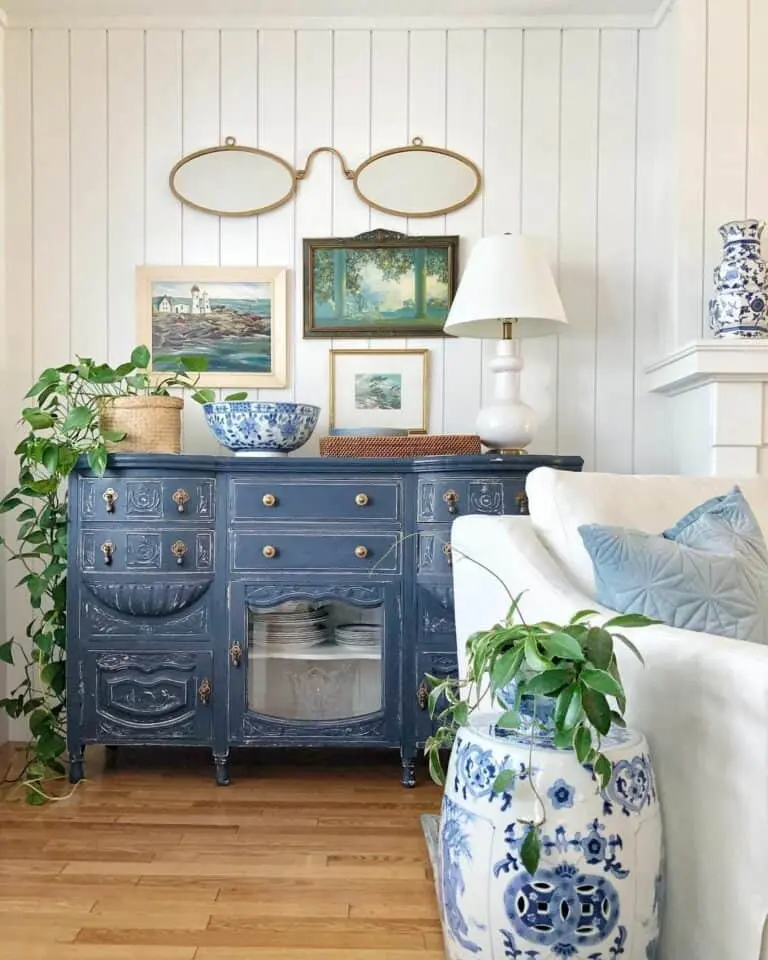 Gilded Spectacles and Rustic Navy Blue Cabinetry