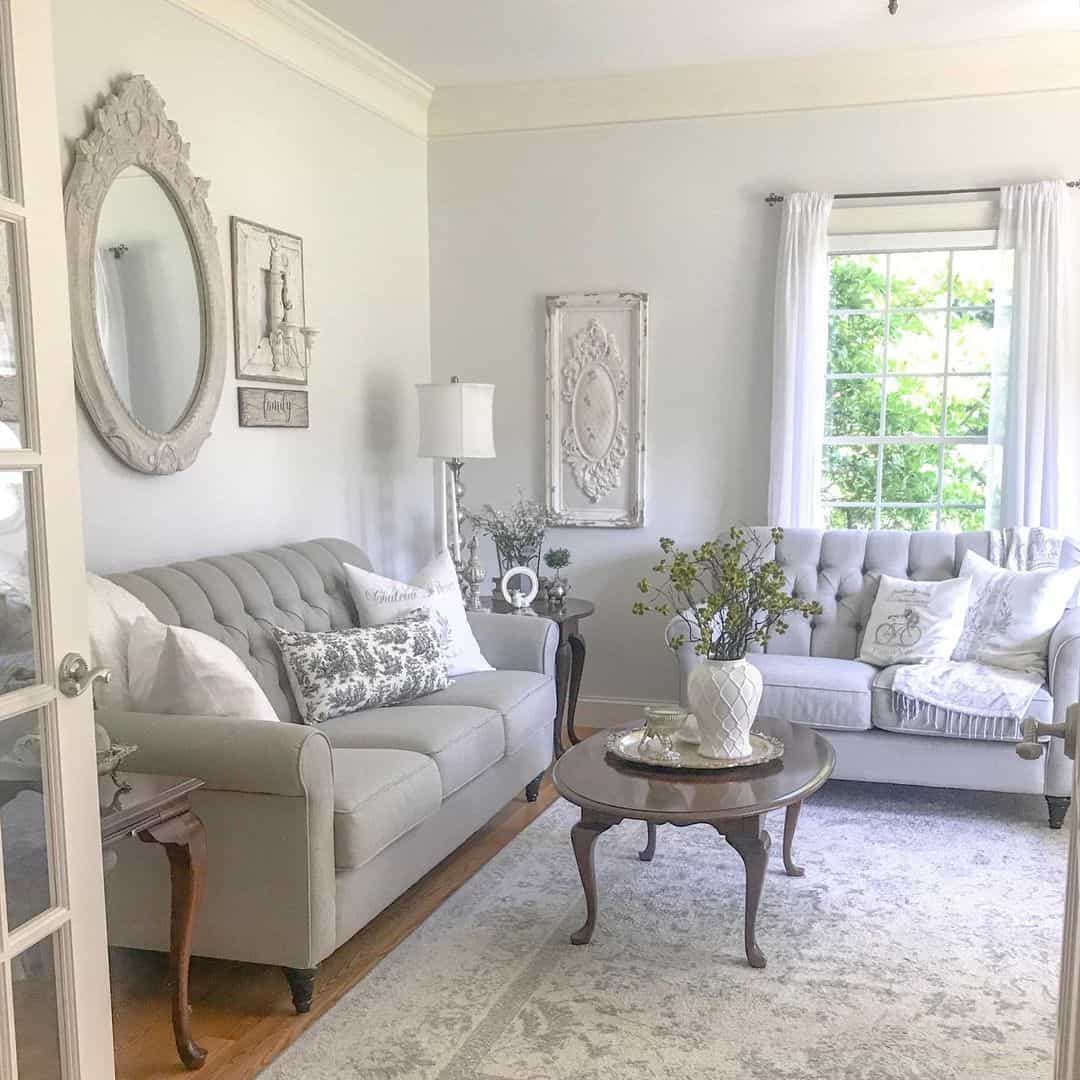 Graceful Gray and White Feminine Living Room