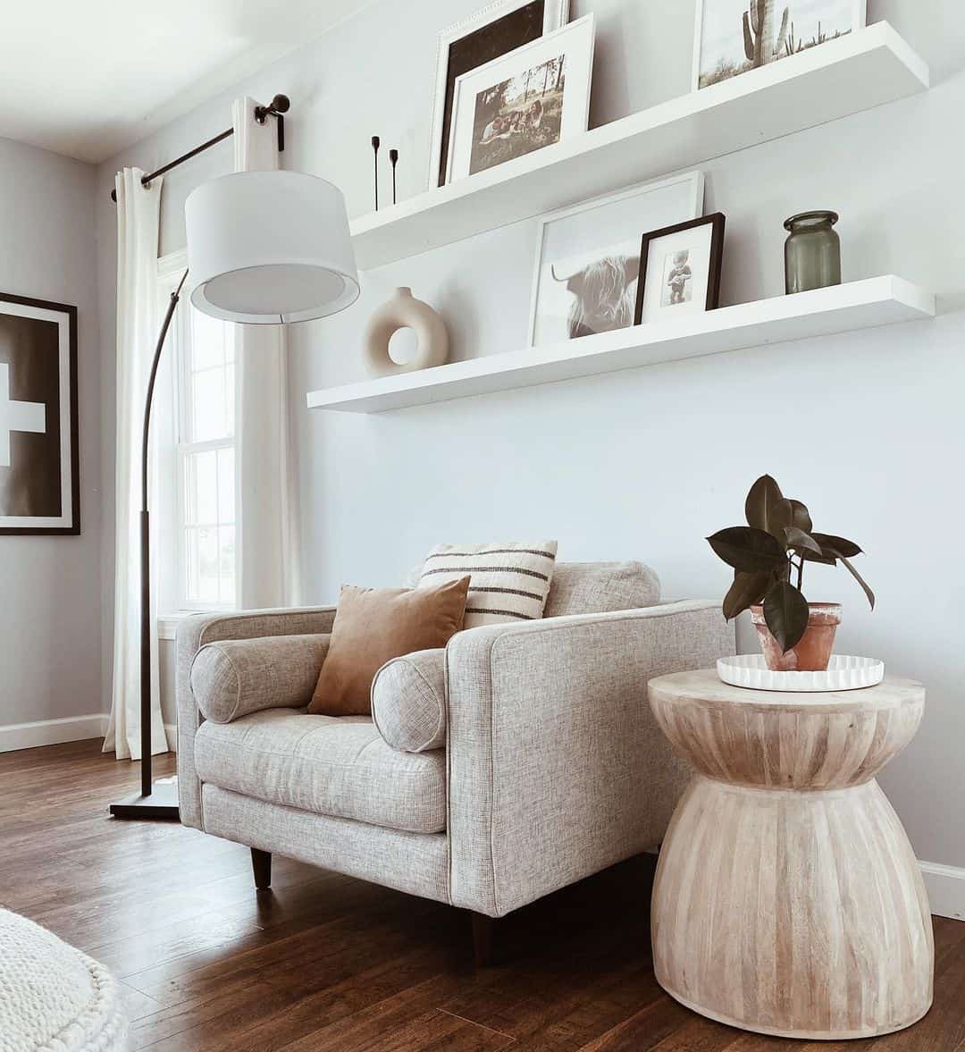 Inviting Beige Armchair with Round Light Wood Farmhouse End Table