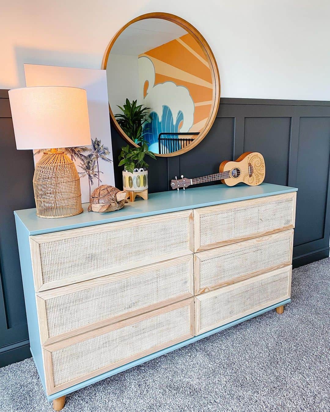 Light Blue Dresser with Tan Cane Drawers and Beach Flair