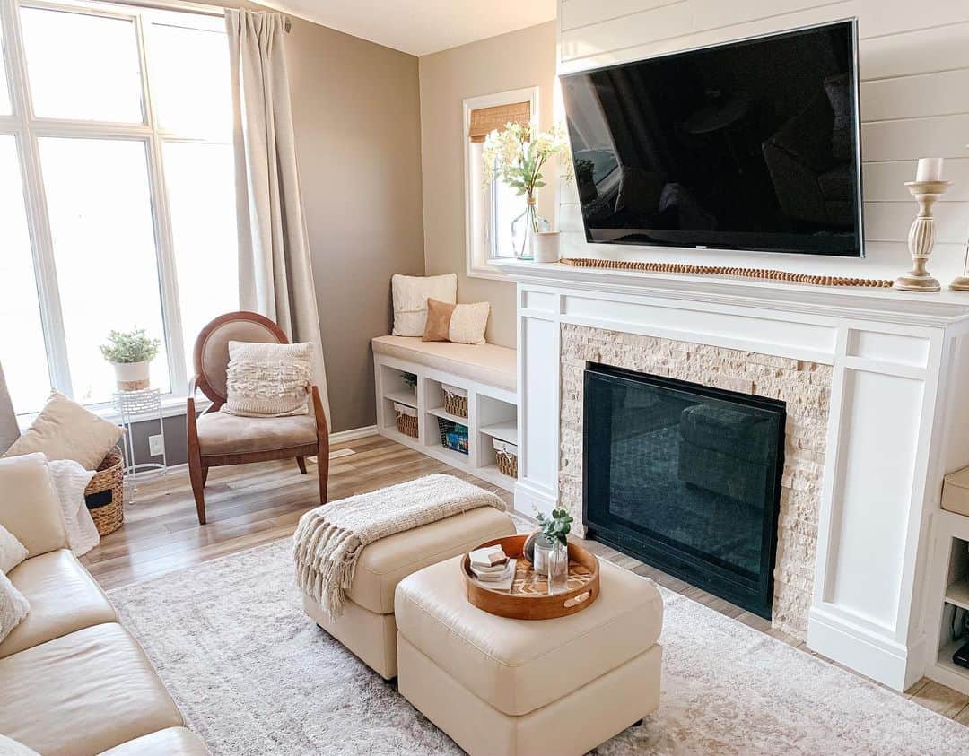 Making a Statement: White Mantel against Sandy Tan Walls