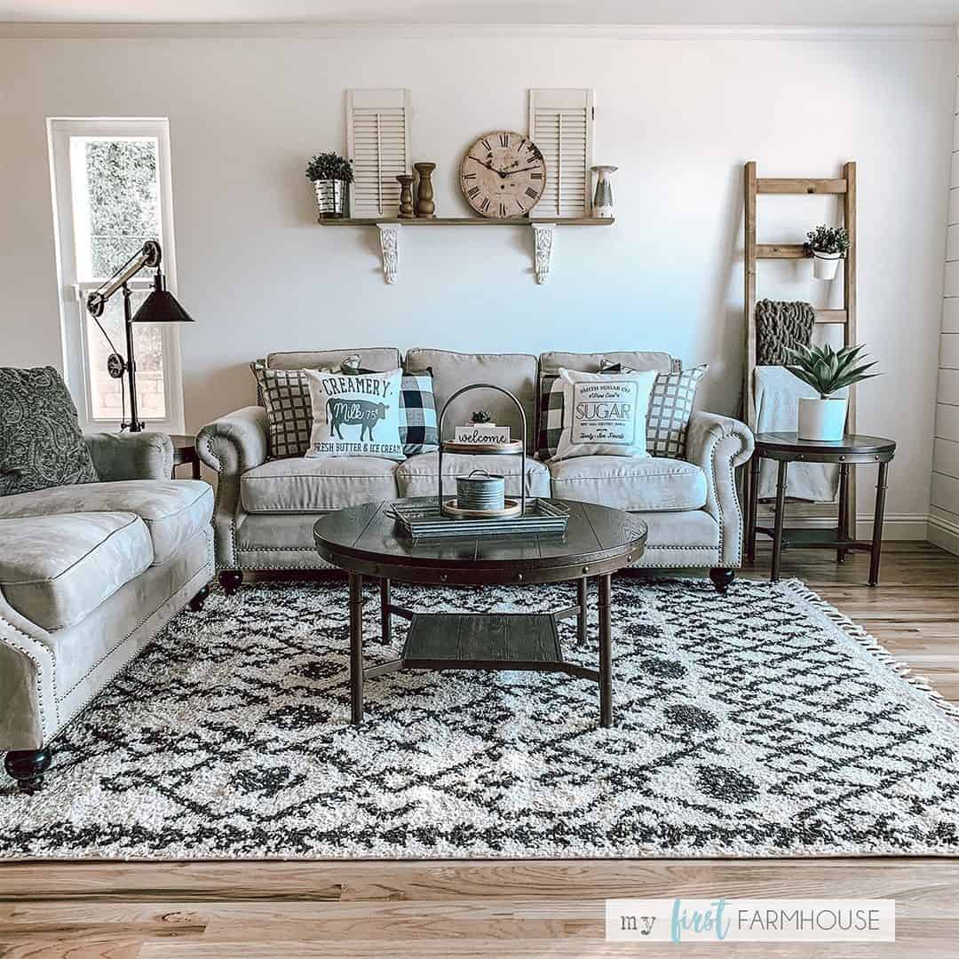 Monochromatic Sophistication: Farmhouse Living Room With Two Sofas