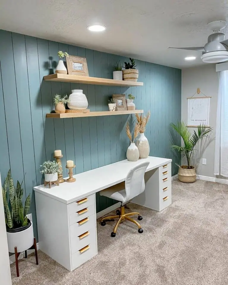 Office Serenity: Beige Carpeted Office With Teal Shiplap Feature Wall