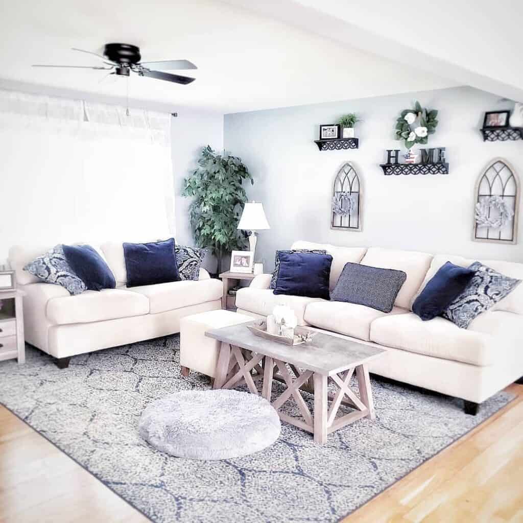 Pearly White Sofa and Tranquil Blue Pillows