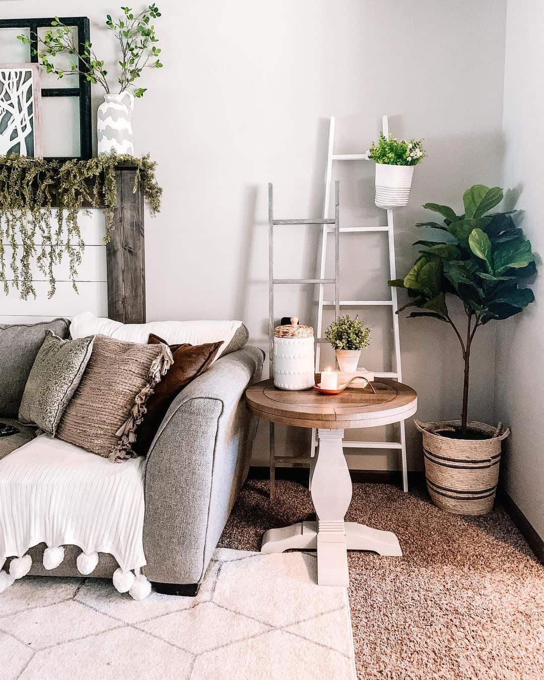 Round Two-Toned Stained Wood Farmhouse Table for Gray Sofa