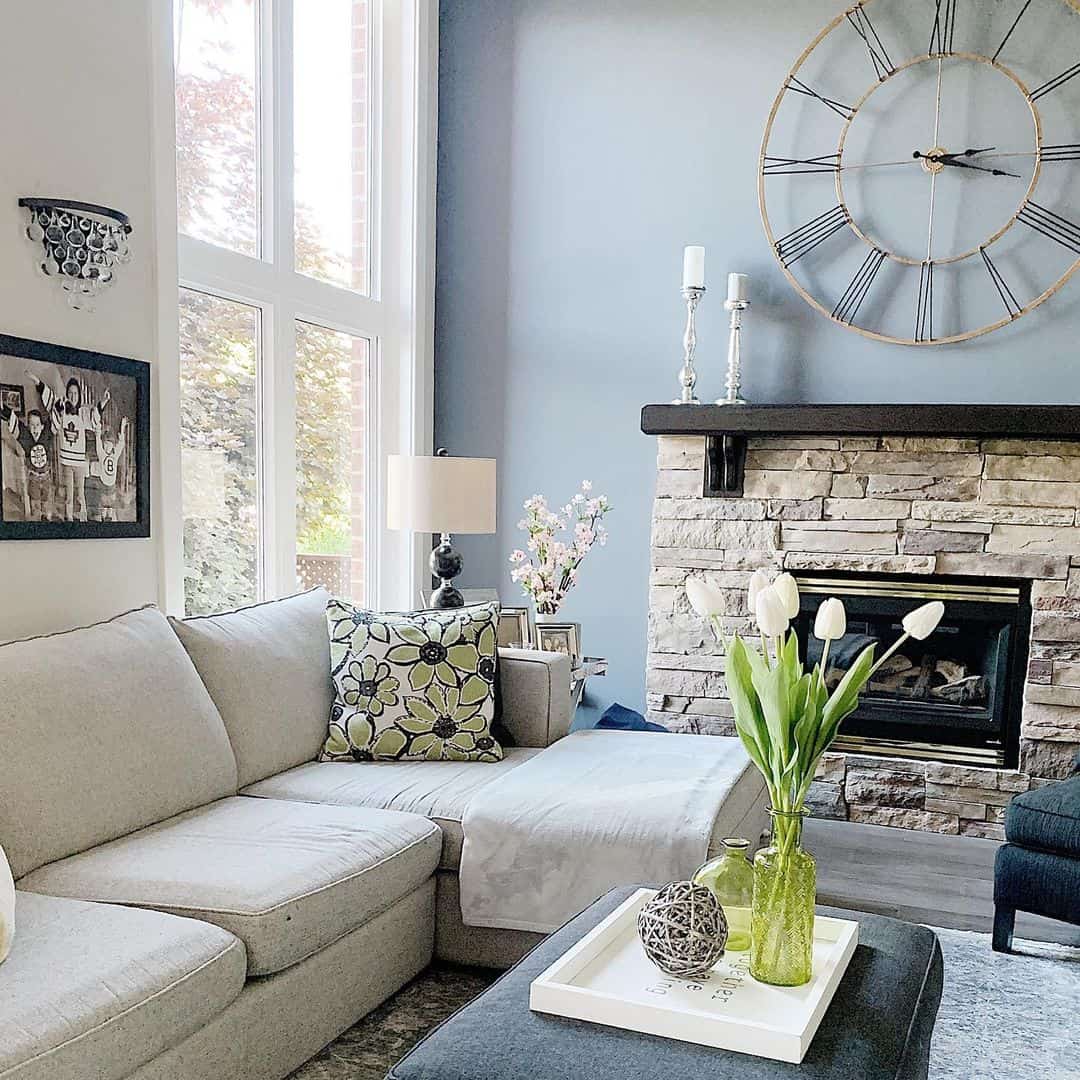 Serene Living Room with Stone Fireplace