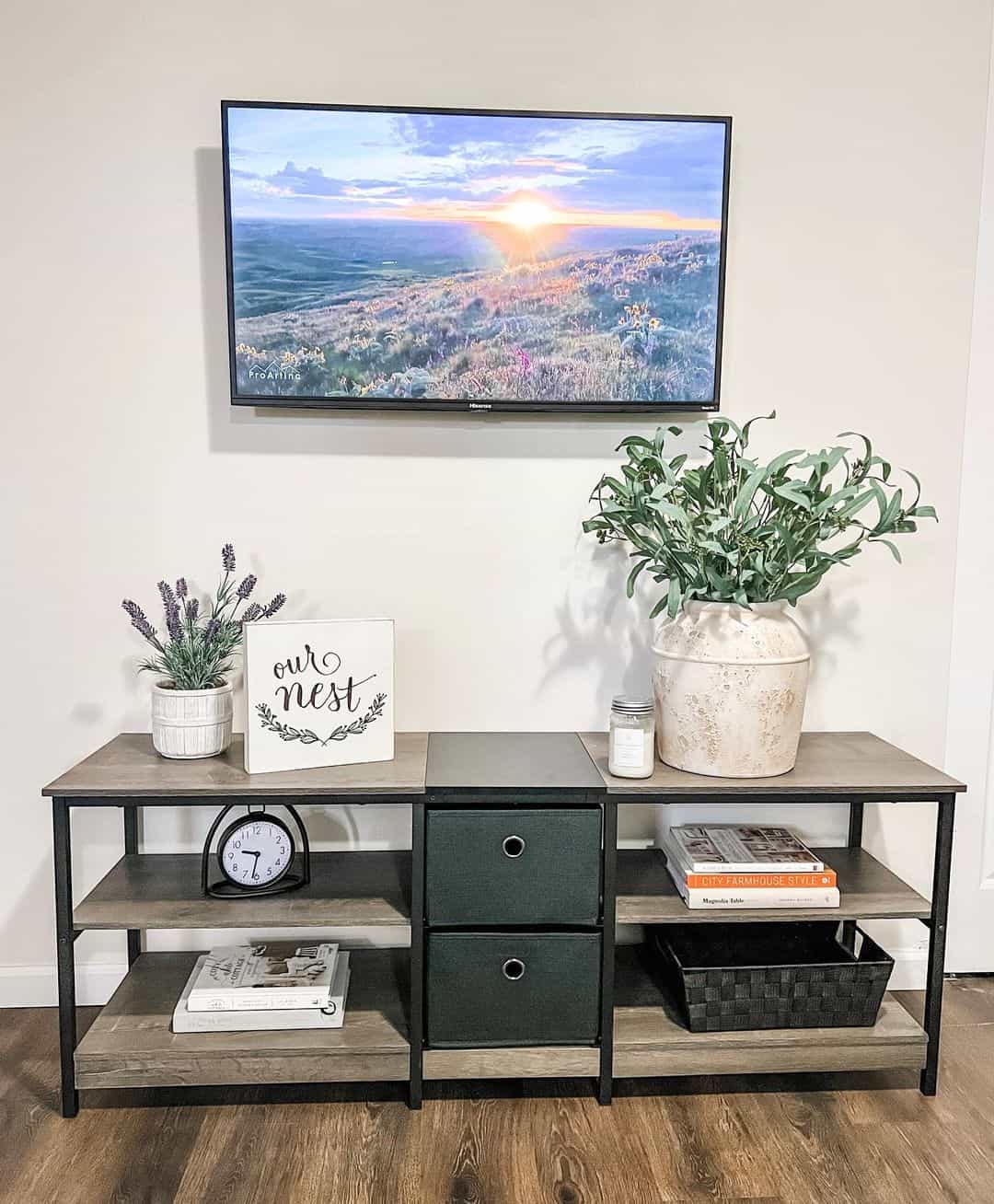 Stark Contrast: Wood Meets Metal Underneath Your TV