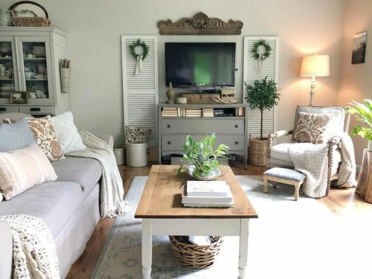 The Subtle Charms of a Neutral Farmhouse Living Room