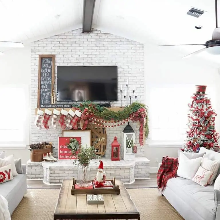 Traditional Christmas Décor and a Brick Fireplace Wall