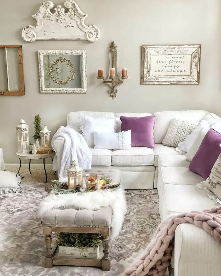 White Sofas with Pops of Purple