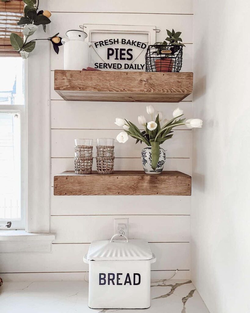 Wooden Wall-mounted Shelving in Kitchen Corner