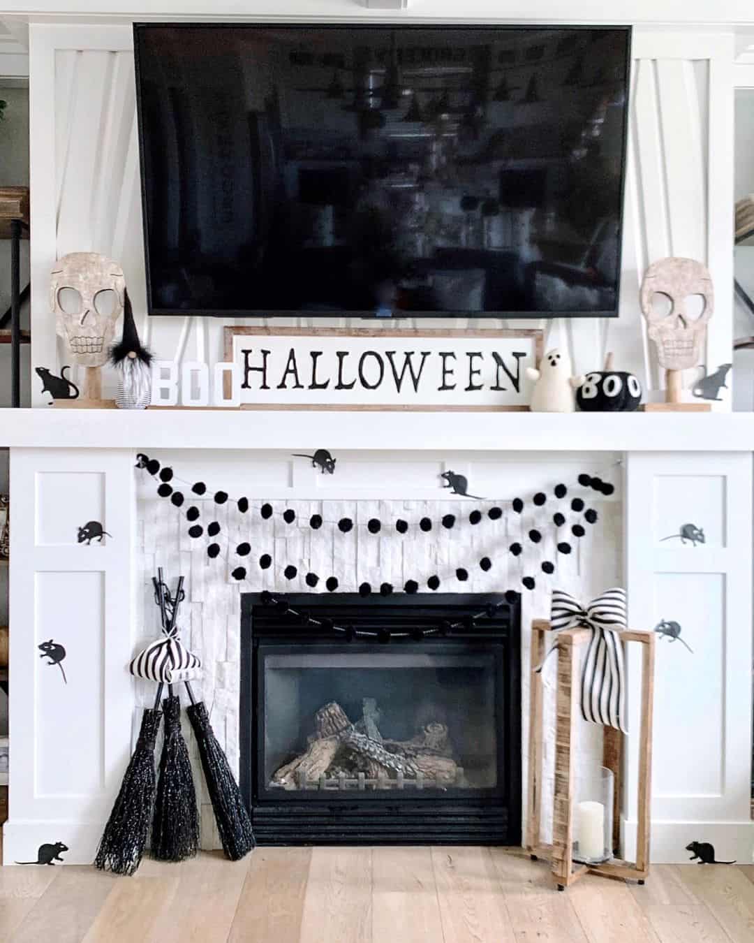 A Striking Black and White Halloween Fireplace Display