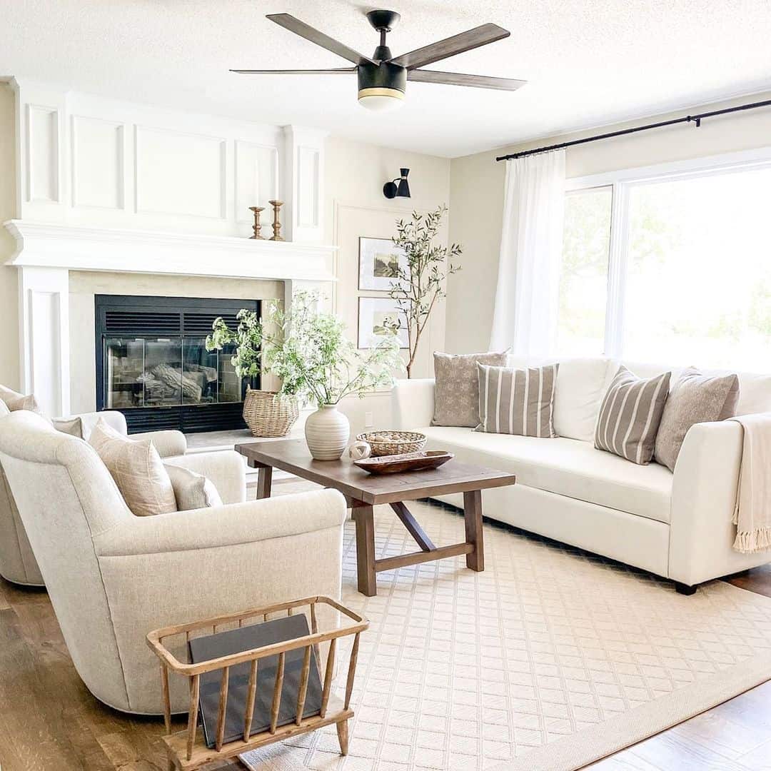 A White Living Room Enhanced by a Ceiling Fan