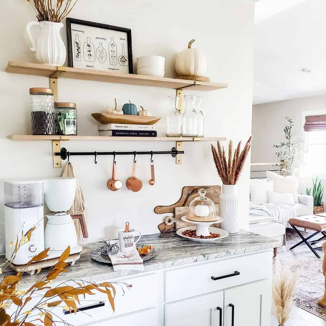 Adding a Touch of Fall to Open Kitchen Shelving